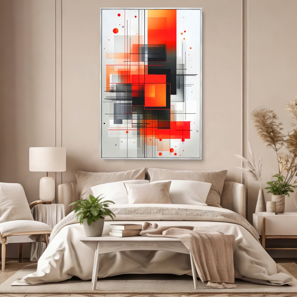 Tablou canvas cu tablou abstract vertical cu linii si forme rosii, in rama de aluminiu argintiu, pe perete intr-un dormitor